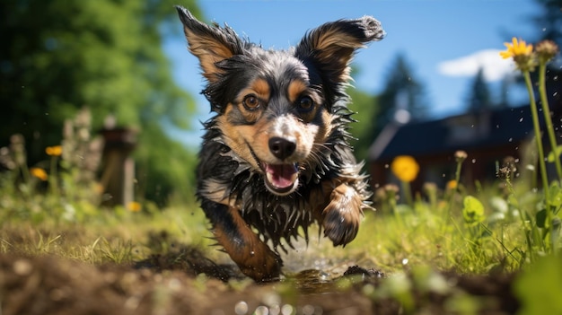 cão feliz correndo no campo