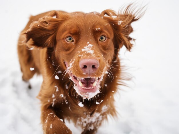 Cão feliz correndo pela neve