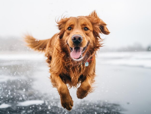 Cão feliz correndo pela neve