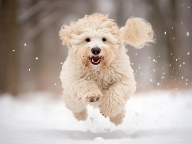 Cão feliz correndo pela neve