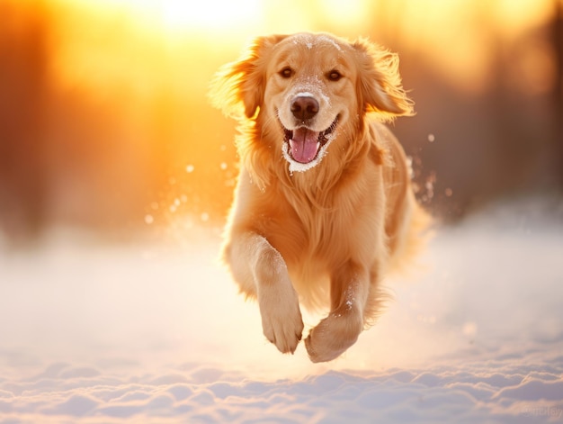 Cão feliz correndo pela neve