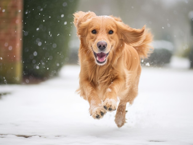 Cão feliz correndo pela neve