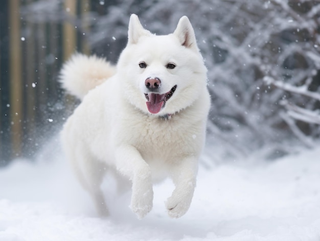Cão feliz correndo pela neve