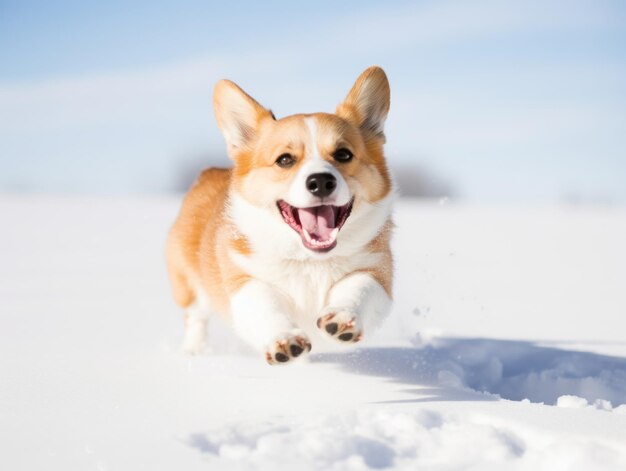 Cão feliz correndo pela neve