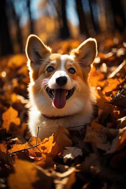 Cão feliz da raça welsh corgi pembroke em uma caminhada em uma floresta de outono