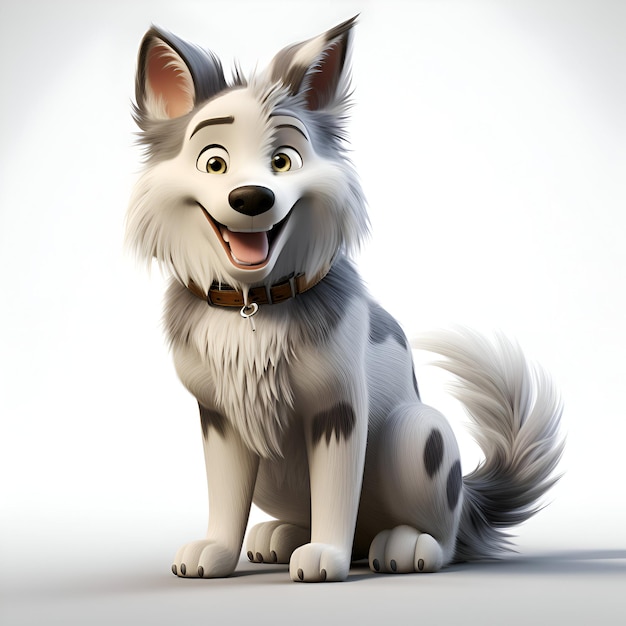 Cão feliz de desenho animado sentado em um fundo branco renderização 3D