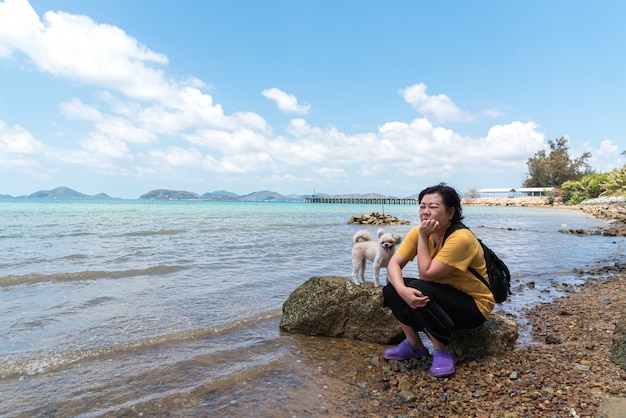 Cão feliz diversão na praia rochosa quando viajar no mar