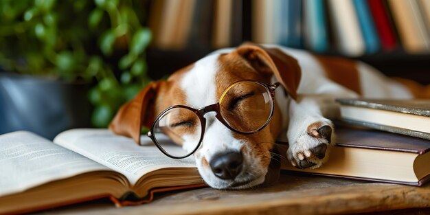 Foto cão feliz e bonito com óculos de leitura adormeceu