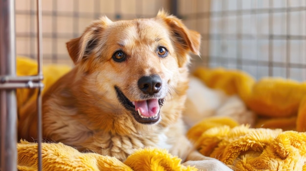 Cão feliz e bonito em uma cama aconchegante em um hotel especializado em animais de estimação