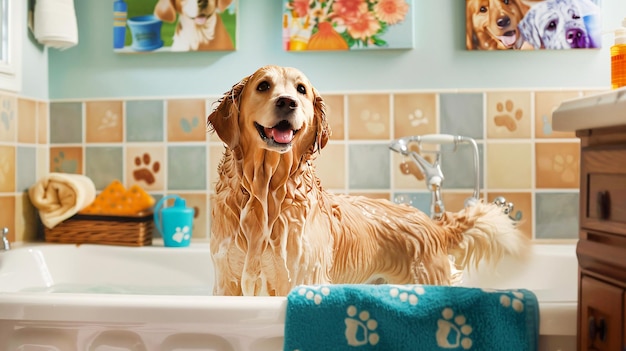 Cão feliz em um banho de bolha com um patinho amarelo e bolhas de sabão