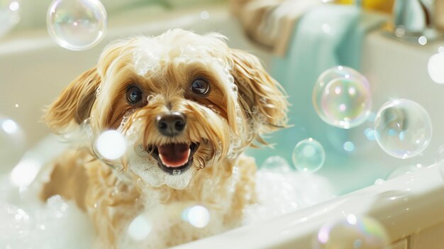 Cão feliz em um banho de bolha com um patinho amarelo e bolhas de sabão