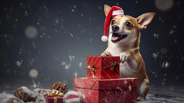 Cão feliz está segurando um presente olhando para o lado Feliz Natal