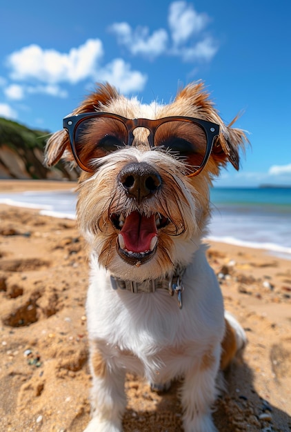 Cão feliz está usando óculos de sol na praia