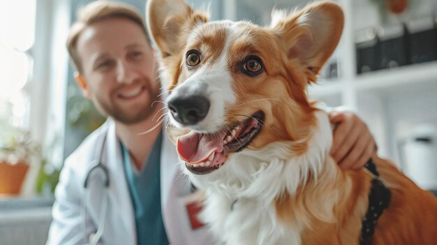 Foto cão feliz na consulta com o veterinário ia generativa