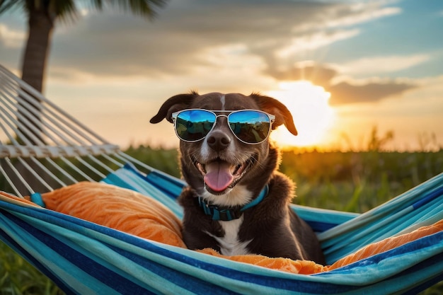 Foto cão feliz relaxando em uma hamaca