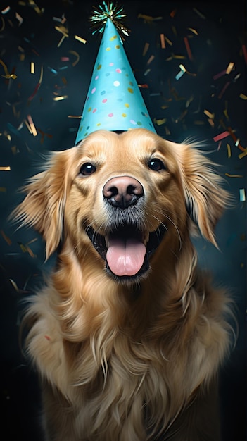 Cão feliz usando um chapéu de festa celebrando em uma festa de aniversário