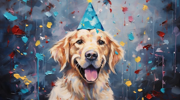 Cão feliz usando um chapéu de festa celebrando em uma festa de aniversário