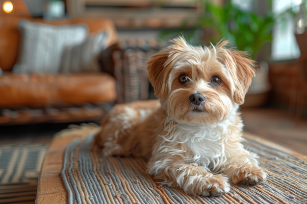 Cão fofo e relaxado deitado no tapete.