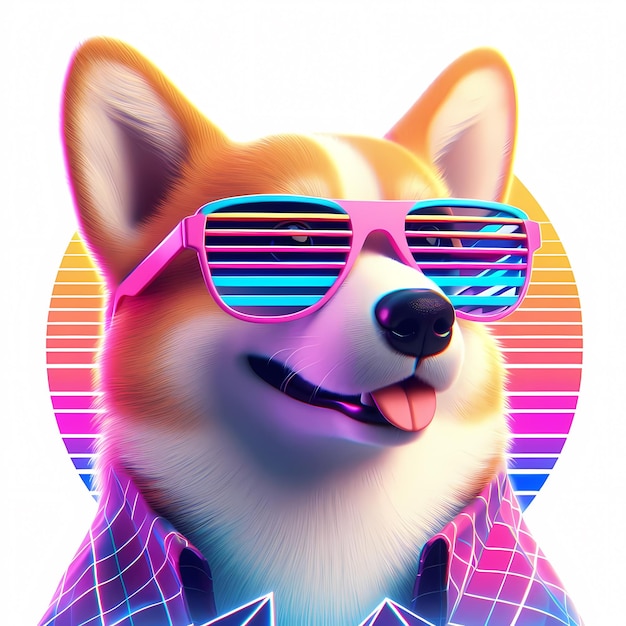 Cão Funky Corgi vestindo óculos legais com fundo de néon retro