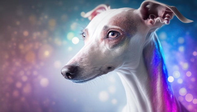 Cão Galgo Italiano Plano Médio Branco Rosa Azul Fantasia Mágica Bokeh Generativa IA