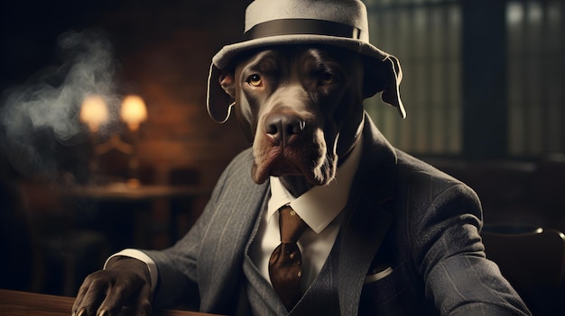 cão gangster vestindo chapéu e um terno preto com uma gravata sentado em uma cadeira em fundo cinematográfico