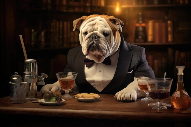 Cão-garçom Bulldog Inglês no bar Pub para animais IA generativa