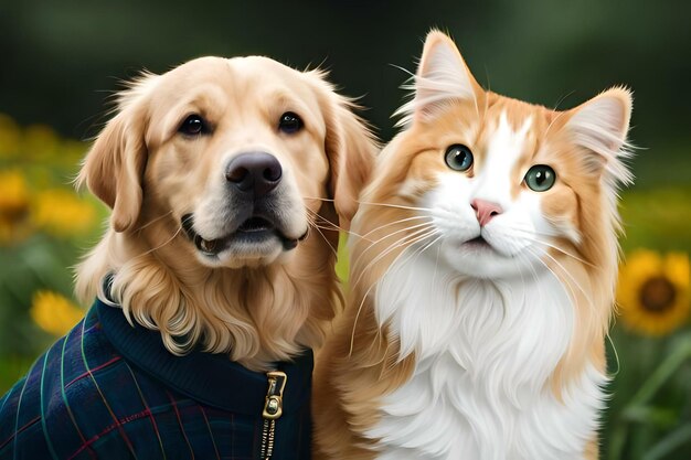 Cão Golden Retriever ao lado de um lindo gato Amizade entre animais Cão e gato Generative Ai