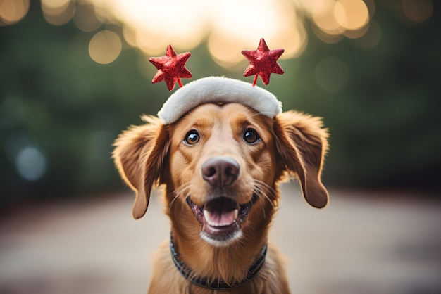 Foto cão golden retriever castanho vestindo traje de faixa de estrela de natal em fundo bokeh