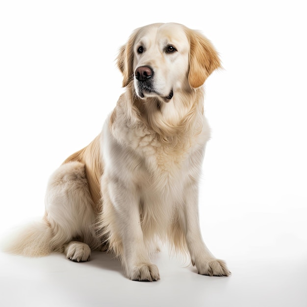 cão golden retriever de corpo completo em fundo branco sólido