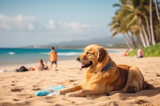 Cão Golden Retriever está de férias de verão à beira-mar