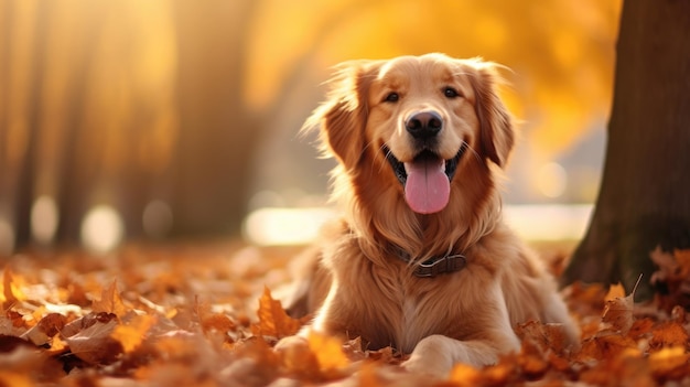 Cão golden retriever no fundo da natureza de outono