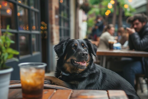 Foto cão grande deitado em bar de animais de estimação ou café de rua com pessoas no fundo cães bem-vindo espaço de cópia