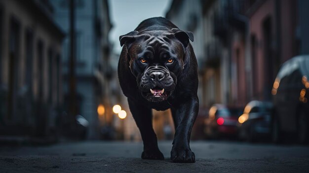 Cão grande zangado numa rua escura da cidade Geração AI