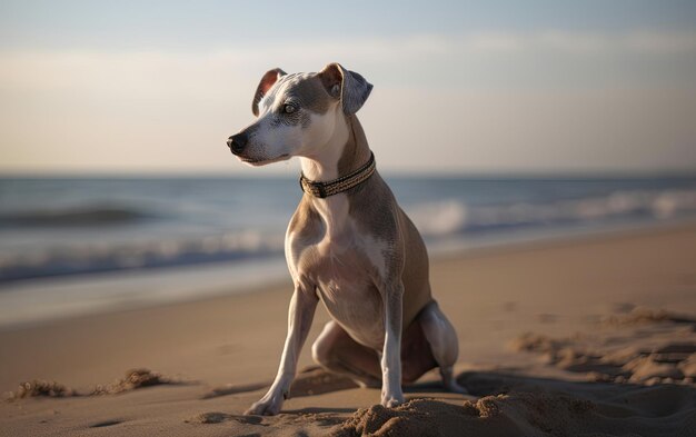 Cão greyhound italiano está sentado na praia foto de postagem publicitária profissional gerada por ai