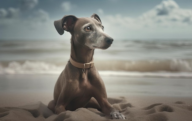 Cão greyhound italiano está sentado na praia foto de postagem publicitária profissional gerada por ai