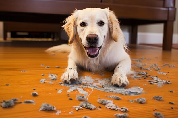 Cão hilariante com bagunça no tapete.