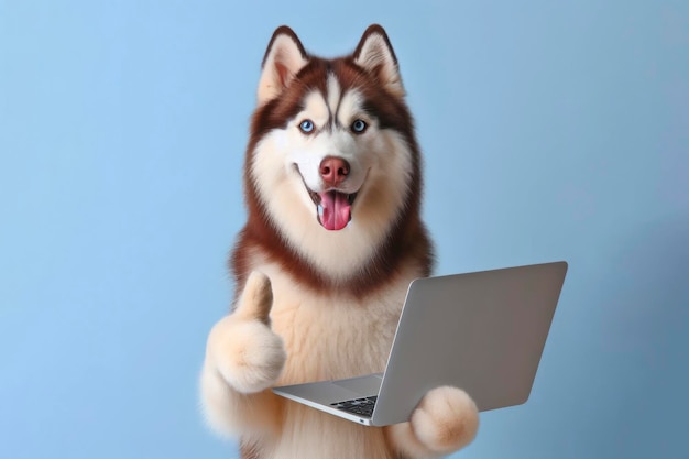 cão husky com laptop mostrando polegares em fundo de cor