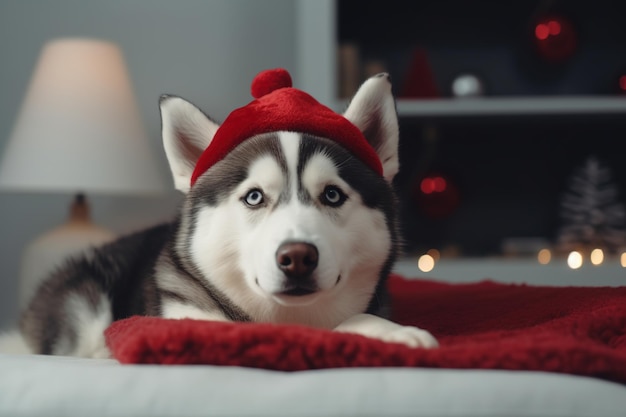 Cão Husky com um chapéu de Natal em uma sala de estar de Natal