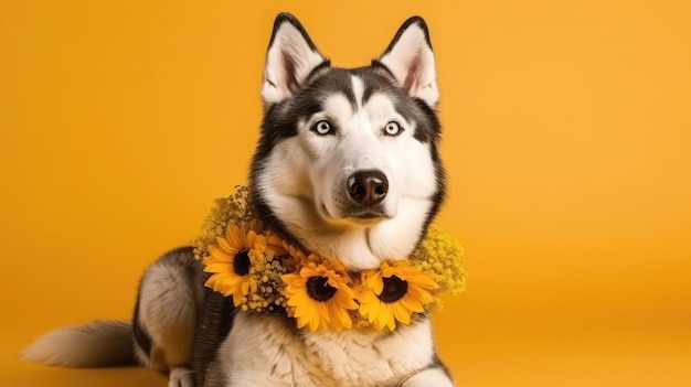 Cão Husky Siberiano com uma coroa de flores em fundo amarelo Generative AI