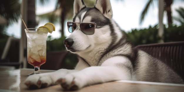 Cão Husky siberiano está de férias de verão em resort à beira-mar e descanso relaxante na praia de verão do Havaí