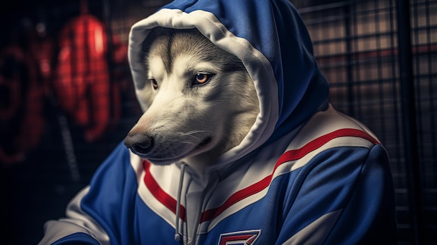 Cão Husky vestindo capuz azul e vermelho