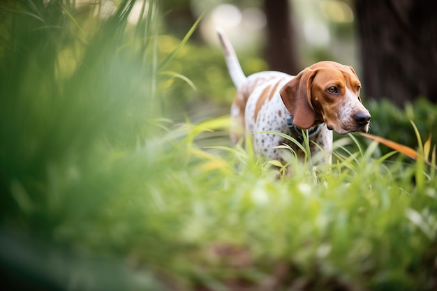 Cão indicador rastreando o cheiro perto de arbustos