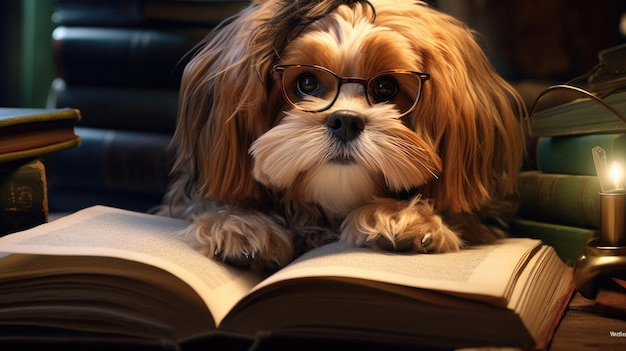 cão inteligente com óculos está lendo um livro na biblioteca