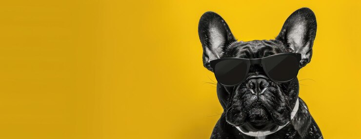 Foto cão inteligente com óculos pretos em fundo amarelo vibrante com espaço de cópia à esquerda