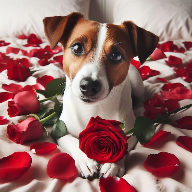 Cão Jack Russell na cama com Flores 2