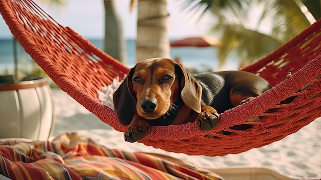 Cão Jack Russell relaxando em uma hamaca vermelha nas férias de verão na praia