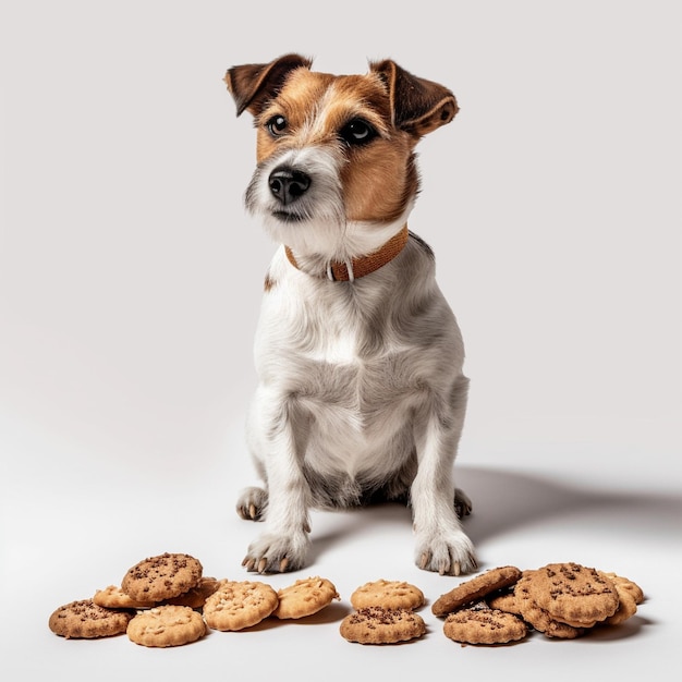 Foto cão jack russell terrier com biscoitos em fundo branco