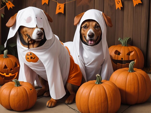 Cão jack russell terrier em uma fantasia de fantasma com abóboras jackolantern na floresta de outono