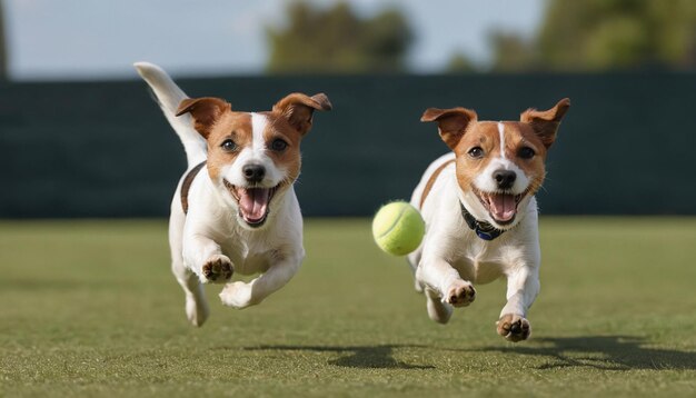 Cão Jack Russell Terrier feliz correndo e trazendo uma bola de tênis