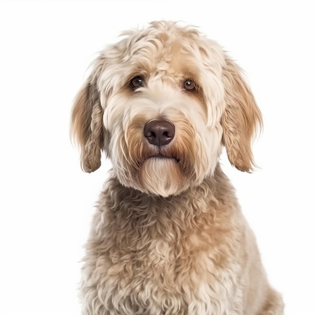 Cão Labradoodle retrato em close-up isolado em fundo branco Cute animal de estimação amigo leal